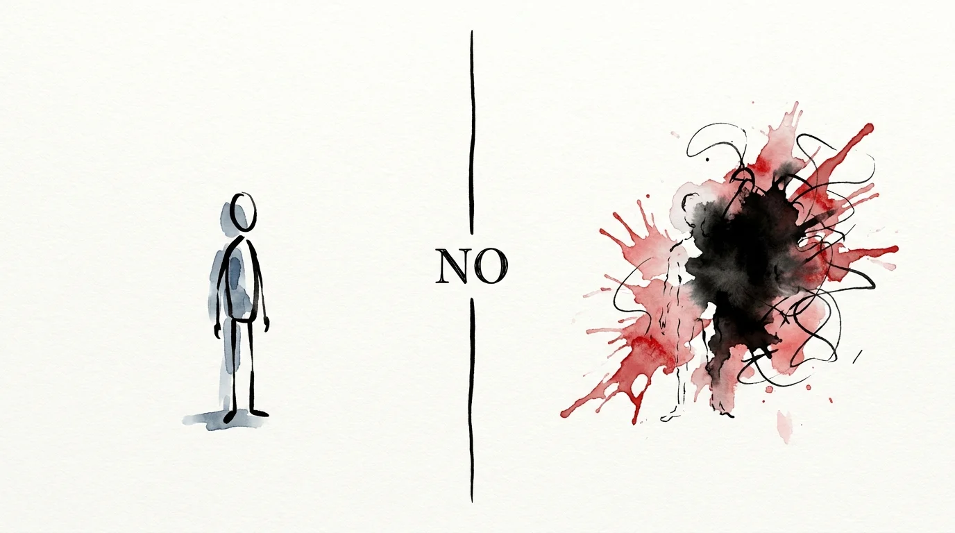 An ink sketch of a calm person behind a boundary line while the person on the other side erupts into a chaotic ink splash.