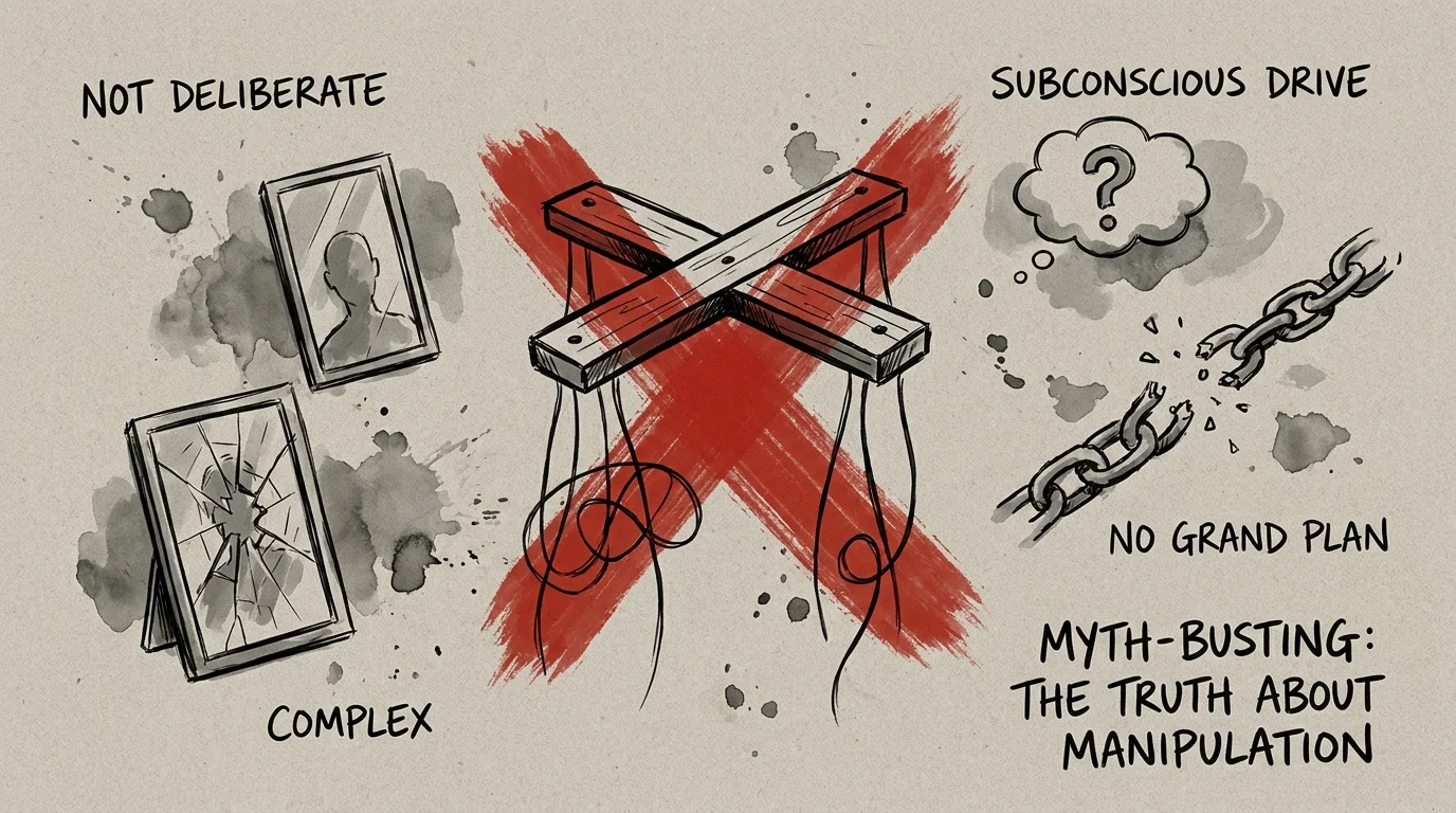 An ink sketch of a puppet controller with a red 'X' through it, symbolizing the debunking of the manipulation myth.