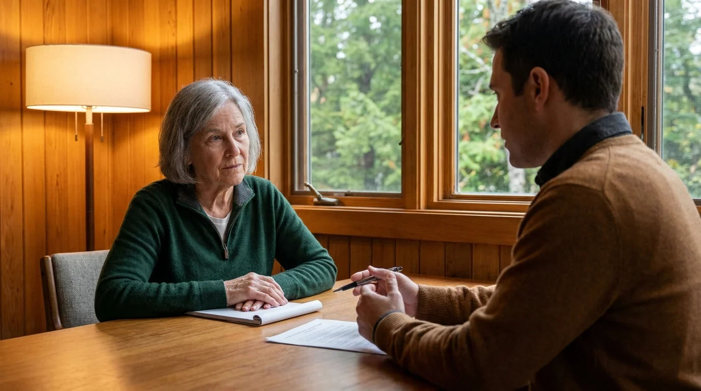 An older adult having a supportive conversation with a health professional in a warm, comfortable office setting.