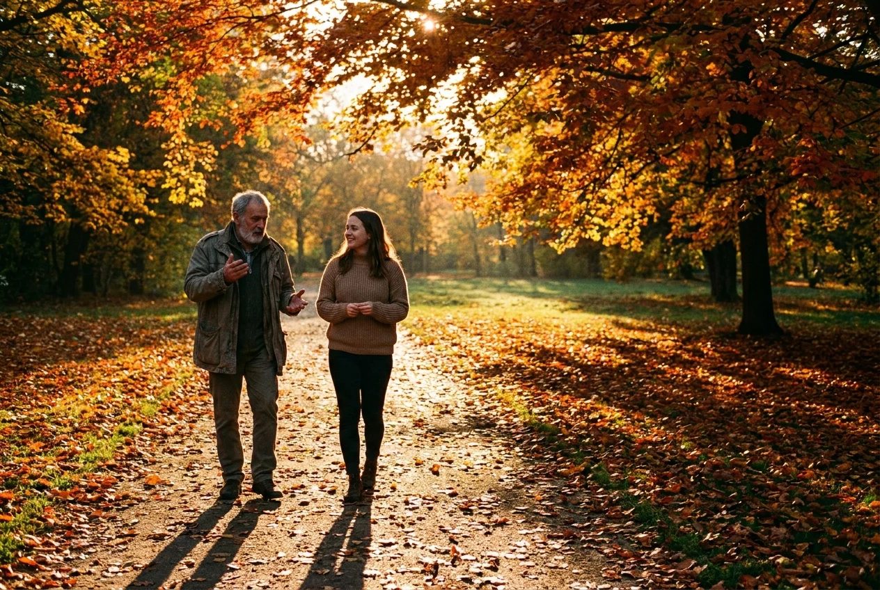 An older man and a younger woman walk together in a park during sunset, symbolizing a lasting connection.