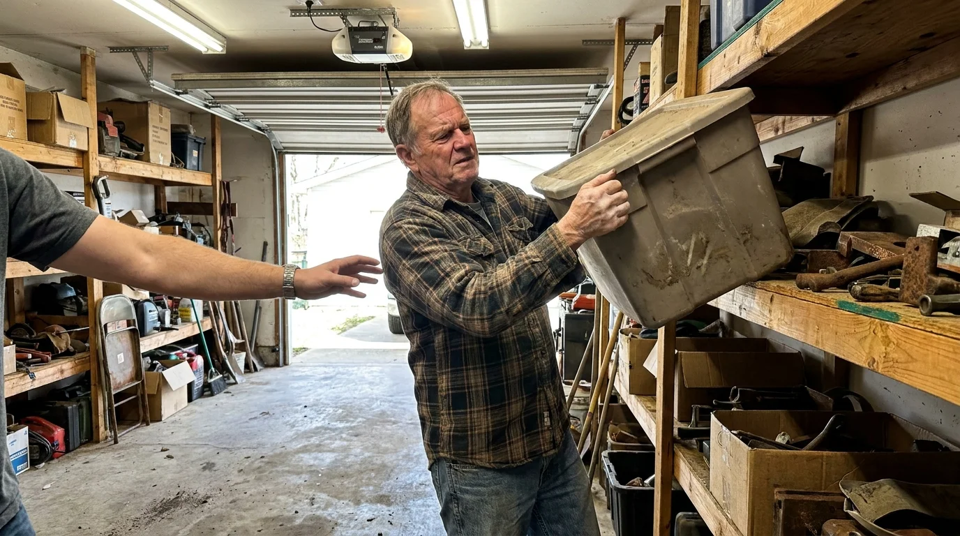 An older man struggles to lift a heavy bin alone while rejecting a younger person's help, showing hyper-independence.