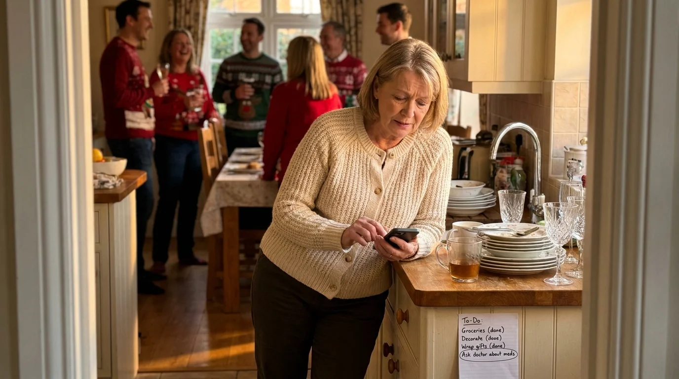 An older woman looks tired while hosting a large family dinner, illustrating the burden of chronic people-pleasing.