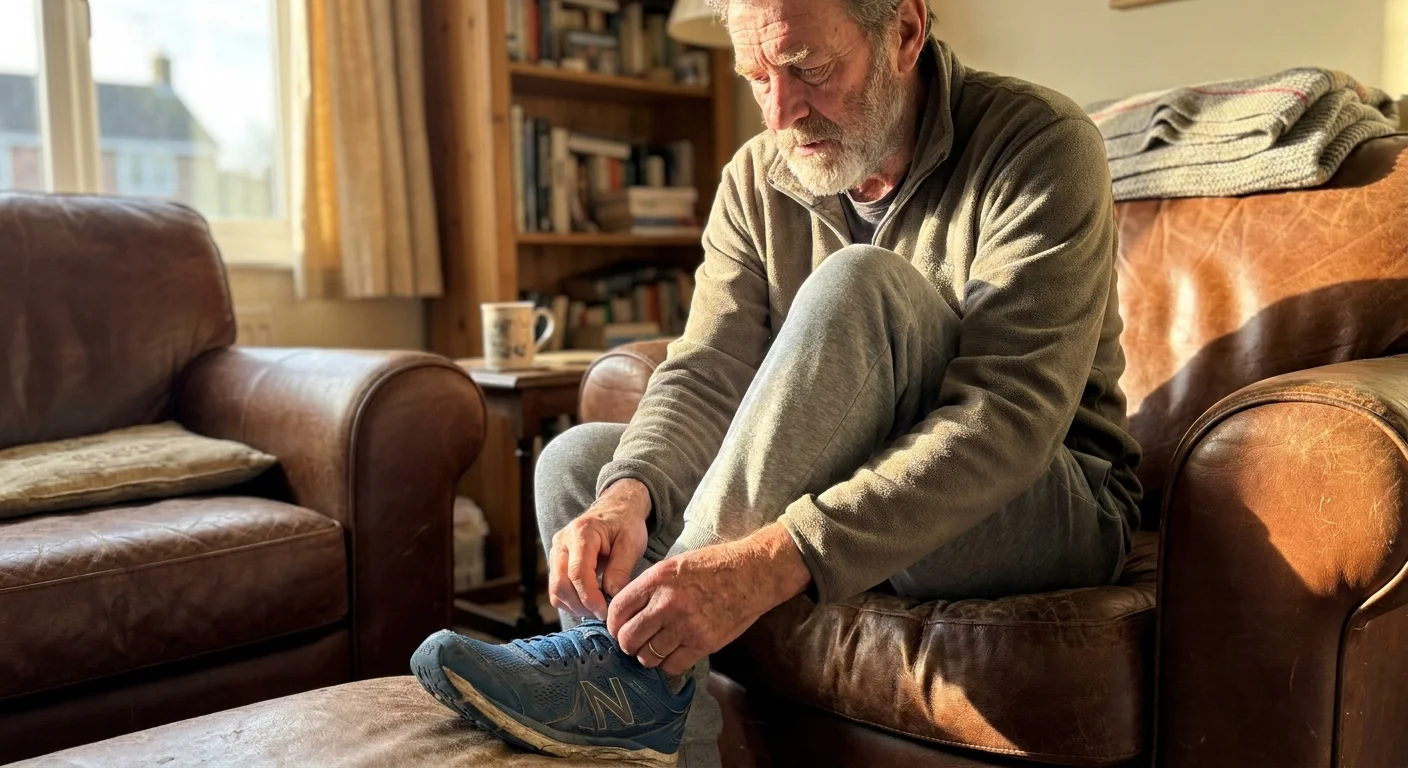 Candid photo of an older man lacing up his sneakers in a sunlit living room, showing a quiet moment of preparation.