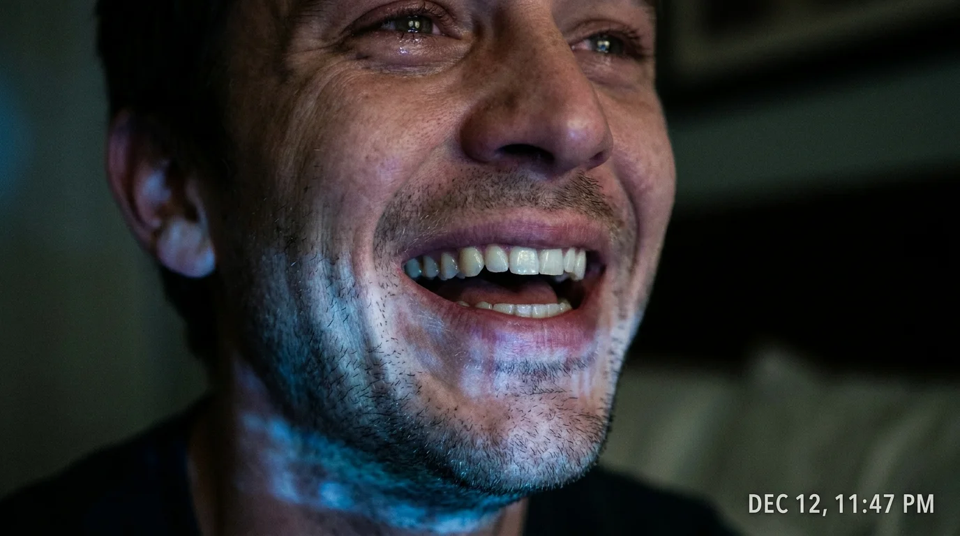 Close-up of a person laughing while their eyes, visible in the background, are filled with tears.