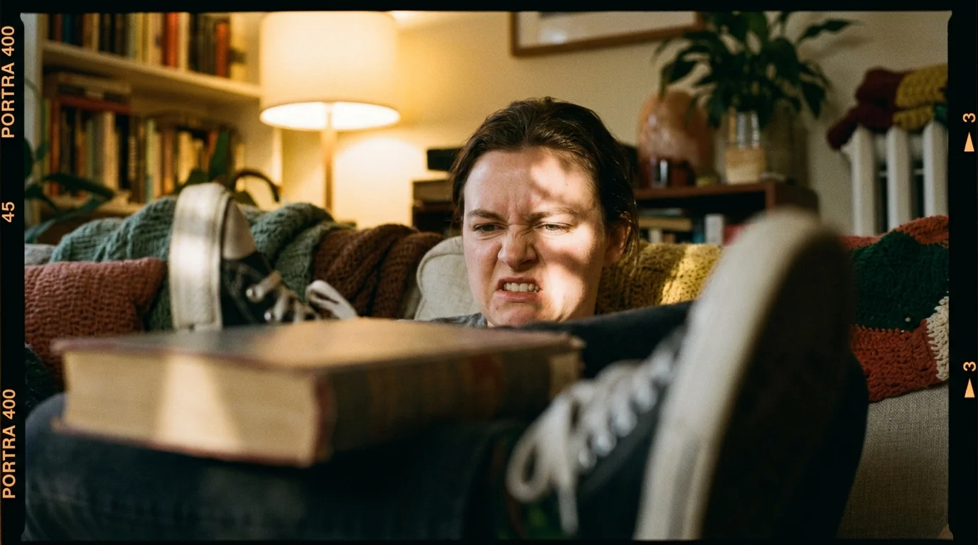 Close-up of a person looking with exaggerated annoyance at someone else's foot bouncing, illustrating disproportionate anger.