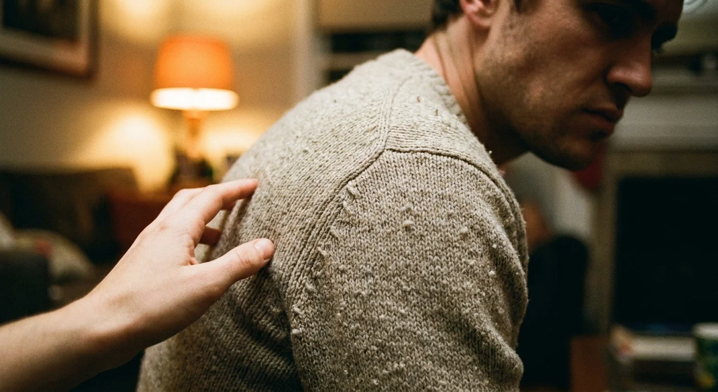 Close-up of a person tensing up and pulling away as a hand reaches out to offer a comforting touch on their shoulder.