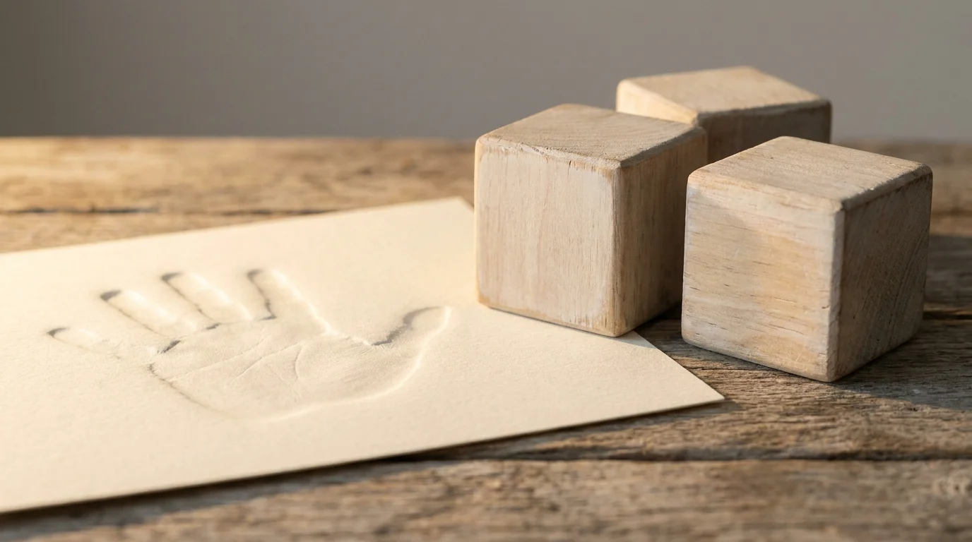 Close-up of blank wooden children's blocks and a colorless handprint indentation, representing the void of emotional neglect.