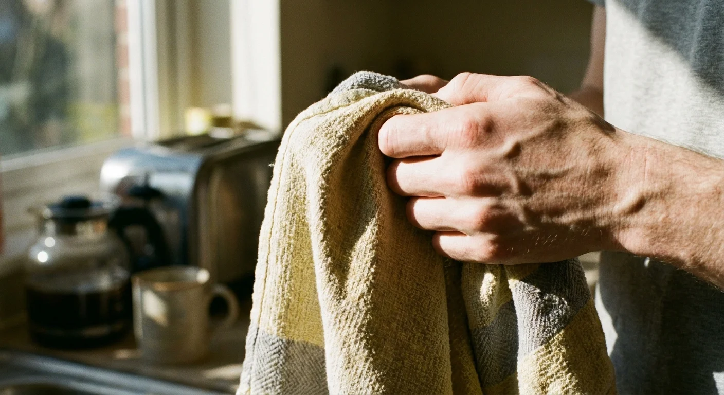 Close-up of hands tightly clenching a towel in a kitchen, showing physical tension and white knuckles.