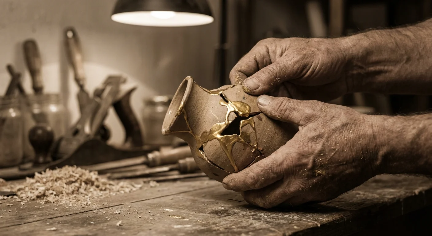 Close-up of hands trying to repair a badly shattered vase with gold lacquer, showing the strain of the effort.