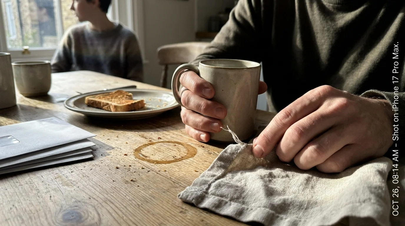 Close-up of tense hands gripping a coffee mug at a kitchen table, capturing the physical manifestation of hidden emotional stress.