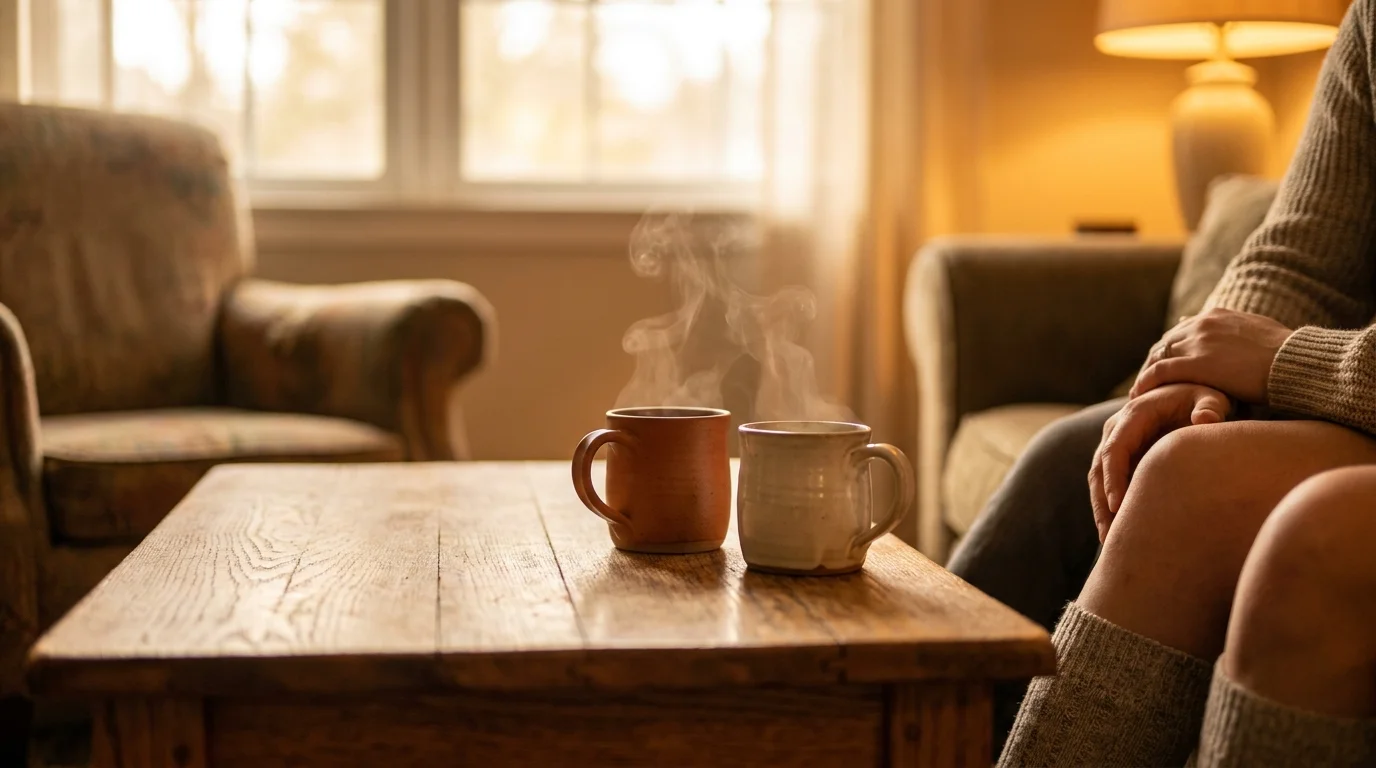 Close-up of two tea mugs on a table with two people sitting in the background, suggesting a therapy session or supportive talk.