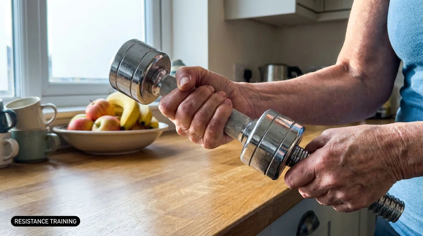 Close-up photo of an older woman's hand holding a dumbbell during a workout in a domestic setting.
