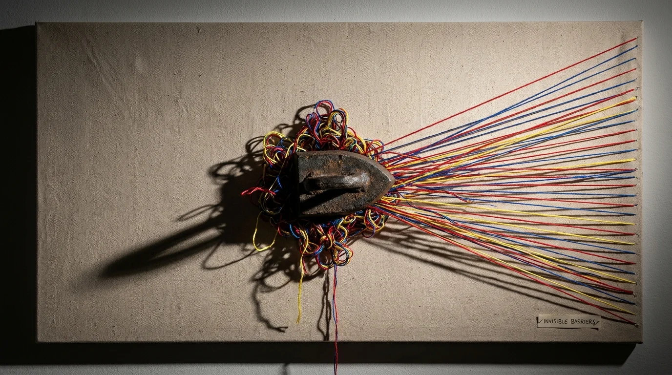 Colorful threads reaching across a canvas but getting caught in a heavy, central knot.