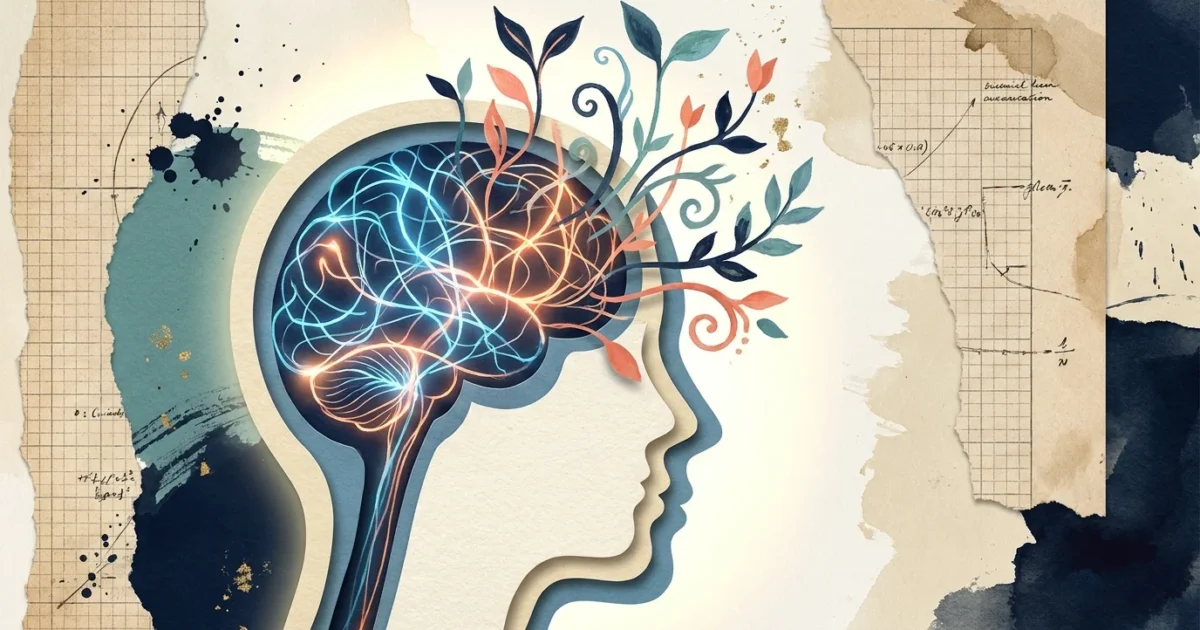 Conceptual paper-craft illustration of a brain with glowing neural pathways and botanical growth representing cognitive health.
