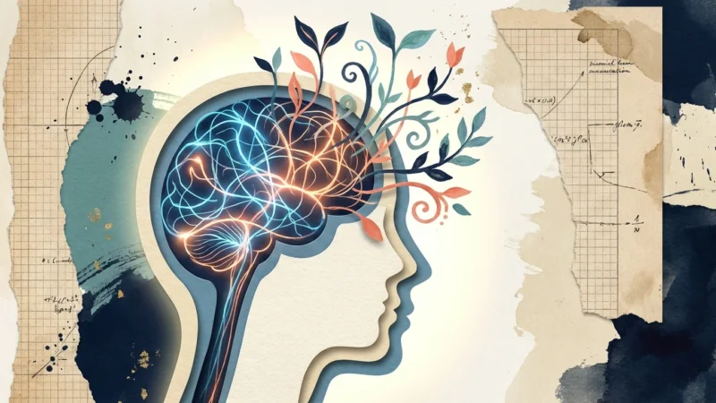 Conceptual paper-craft illustration of a brain with glowing neural pathways and botanical growth representing cognitive health.