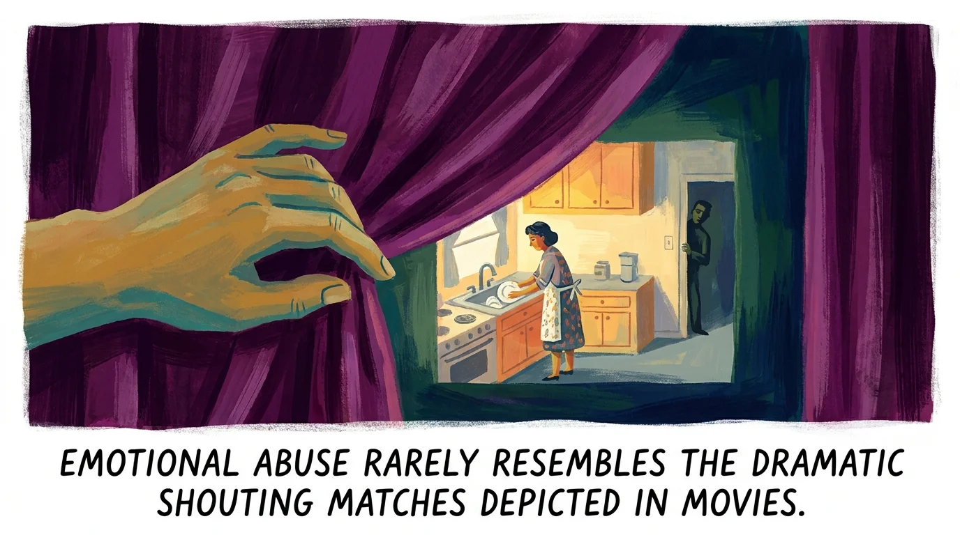 Illustration of a hand pulling back a dark curtain to reveal a quiet, everyday domestic scene, symbolizing the hidden nature of abuse.