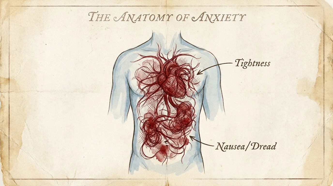 Illustration of a human silhouette with tangled red lines in the chest and stomach, labeled 'Tightness' and 'Nausea'.