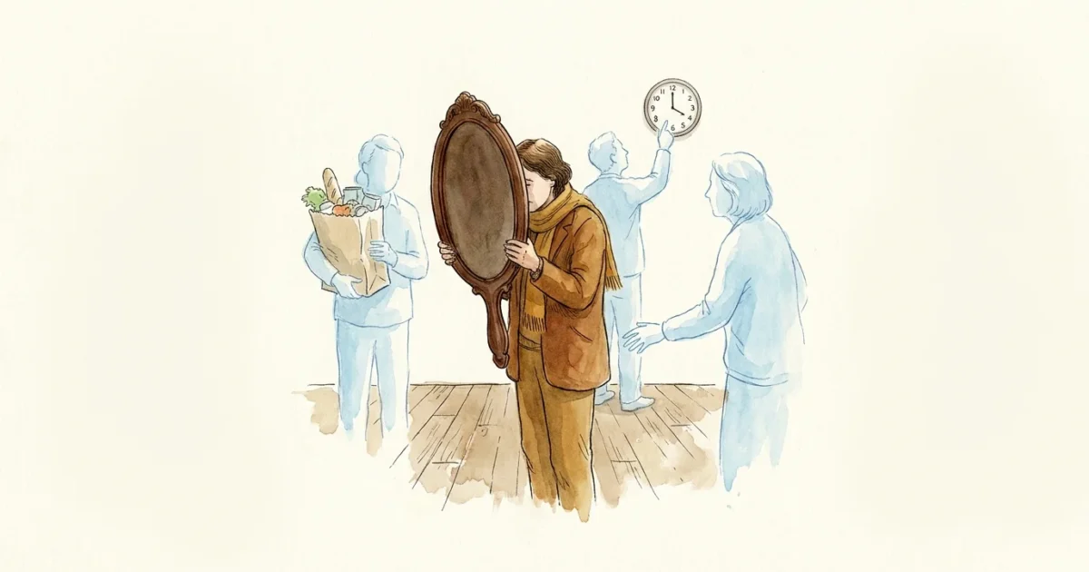 Illustration of a person looking into a mirror, oblivious to the people around them who are fading into the background.