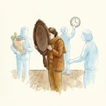 Illustration of a person looking into a mirror, oblivious to the people around them who are fading into the background.