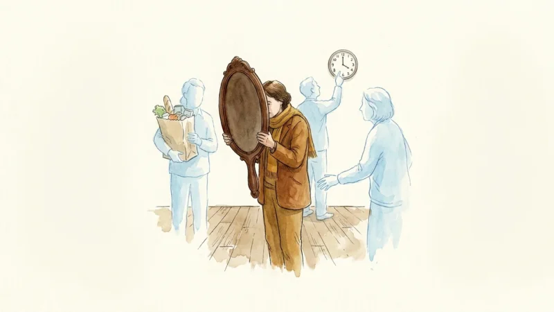 Illustration of a person looking into a mirror, oblivious to the people around them who are fading into the background.