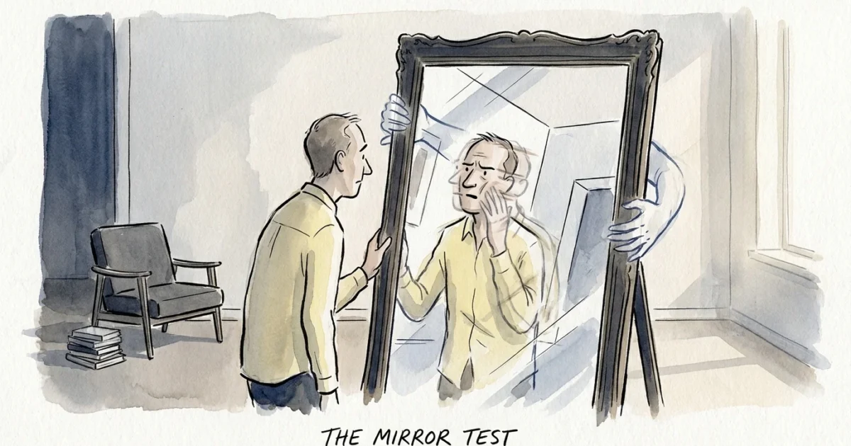 Illustration of a person looking into a mirror that is being tilted by outside hands, creating a distorted and confusing reflection.