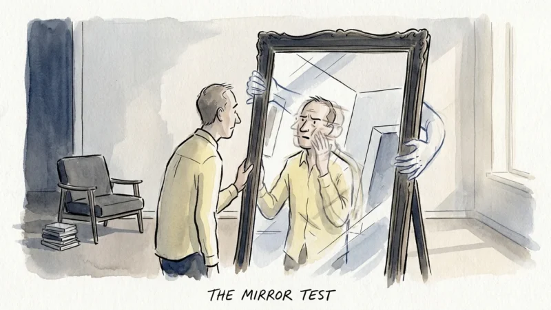 Illustration of a person looking into a mirror that is being tilted by outside hands, creating a distorted and confusing reflection.