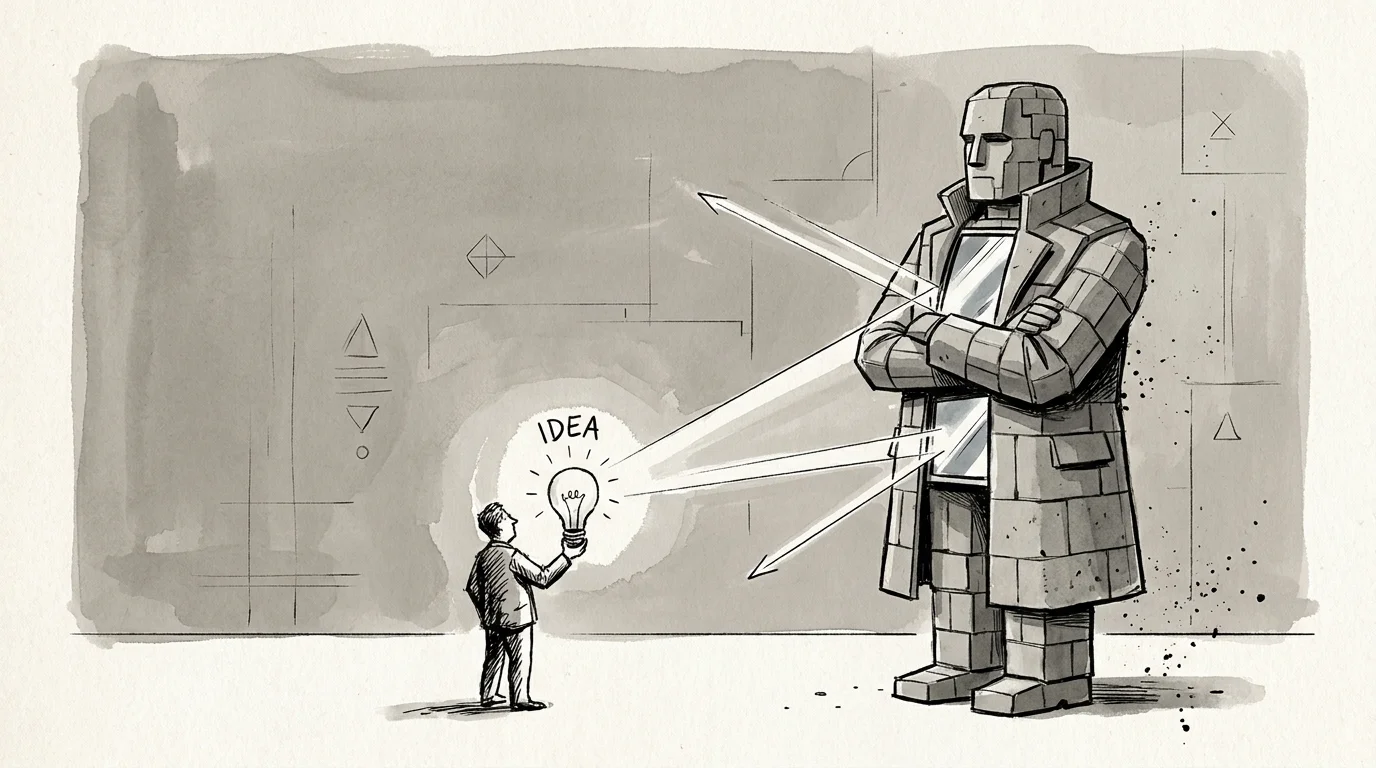 Illustration of a person made of stone blocks reflecting away a glowing lightbulb held by another person.