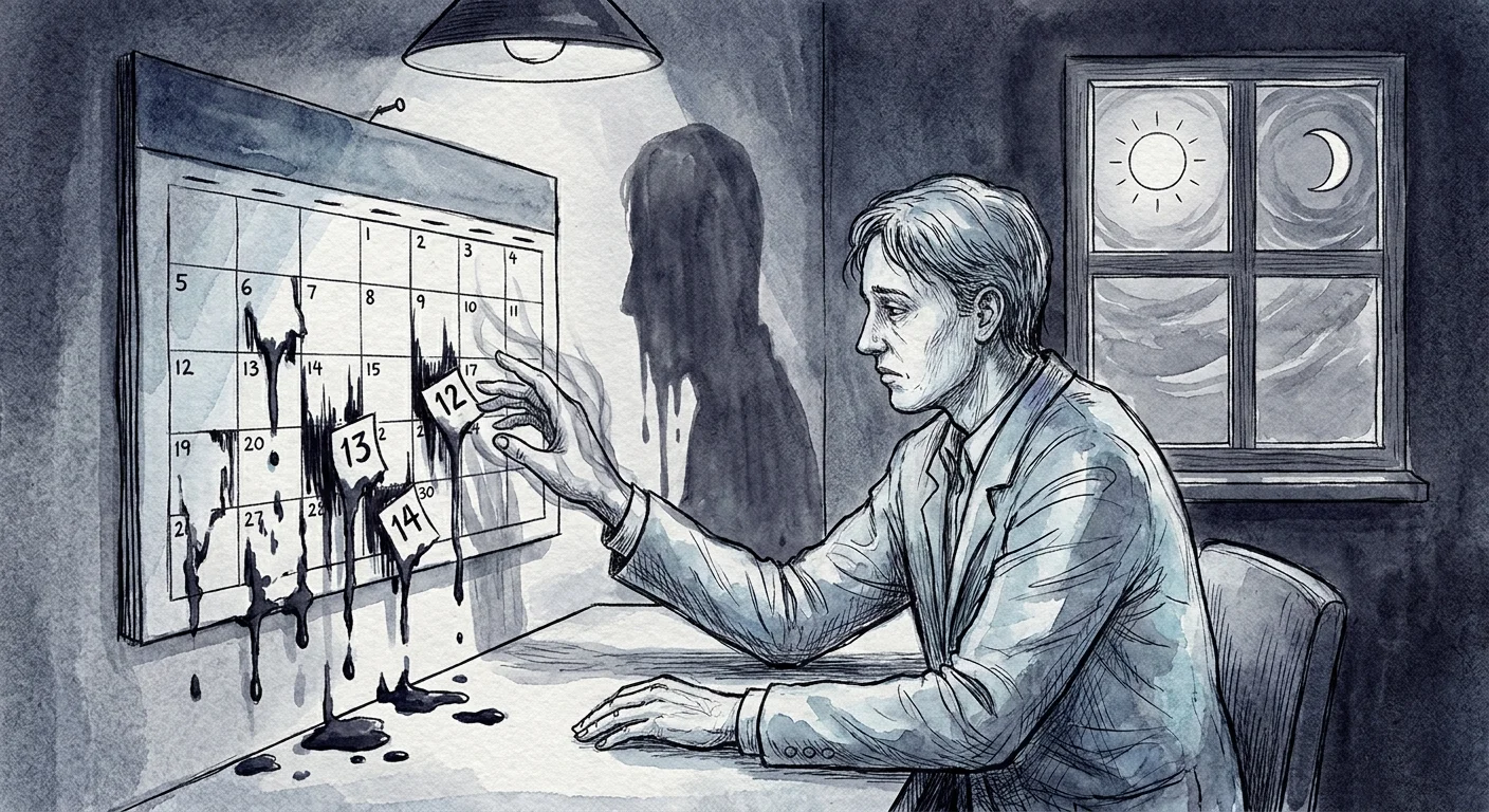 Illustration of a person reaching for a calendar where the dates and grid lines are melting away into ink puddles.