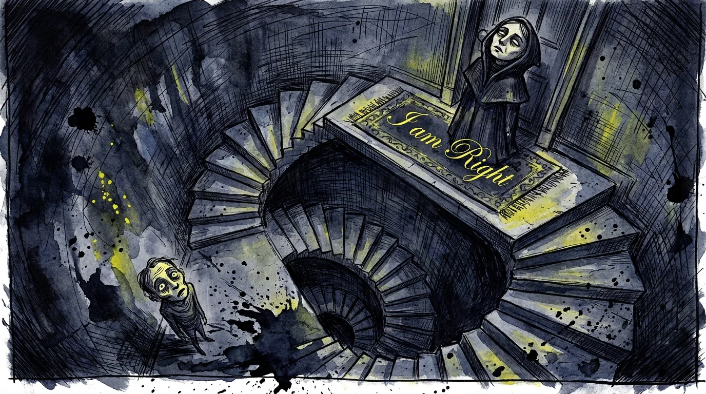 Illustration of a person standing at the top of a twisted staircase looking down at another person with disdain.