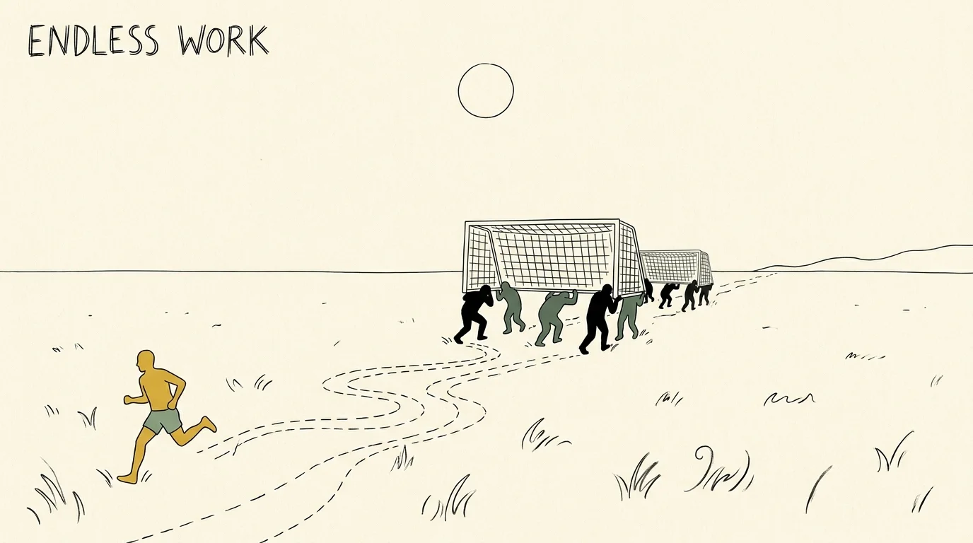 Illustration of a runner chasing goalposts that are being carried further away across a wide, empty field.