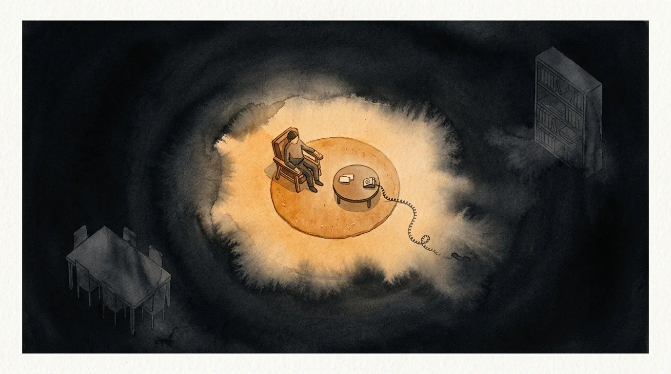 Illustration of a small island of furniture in a vast dark void, with a person sitting by a telephone with a cut cord.