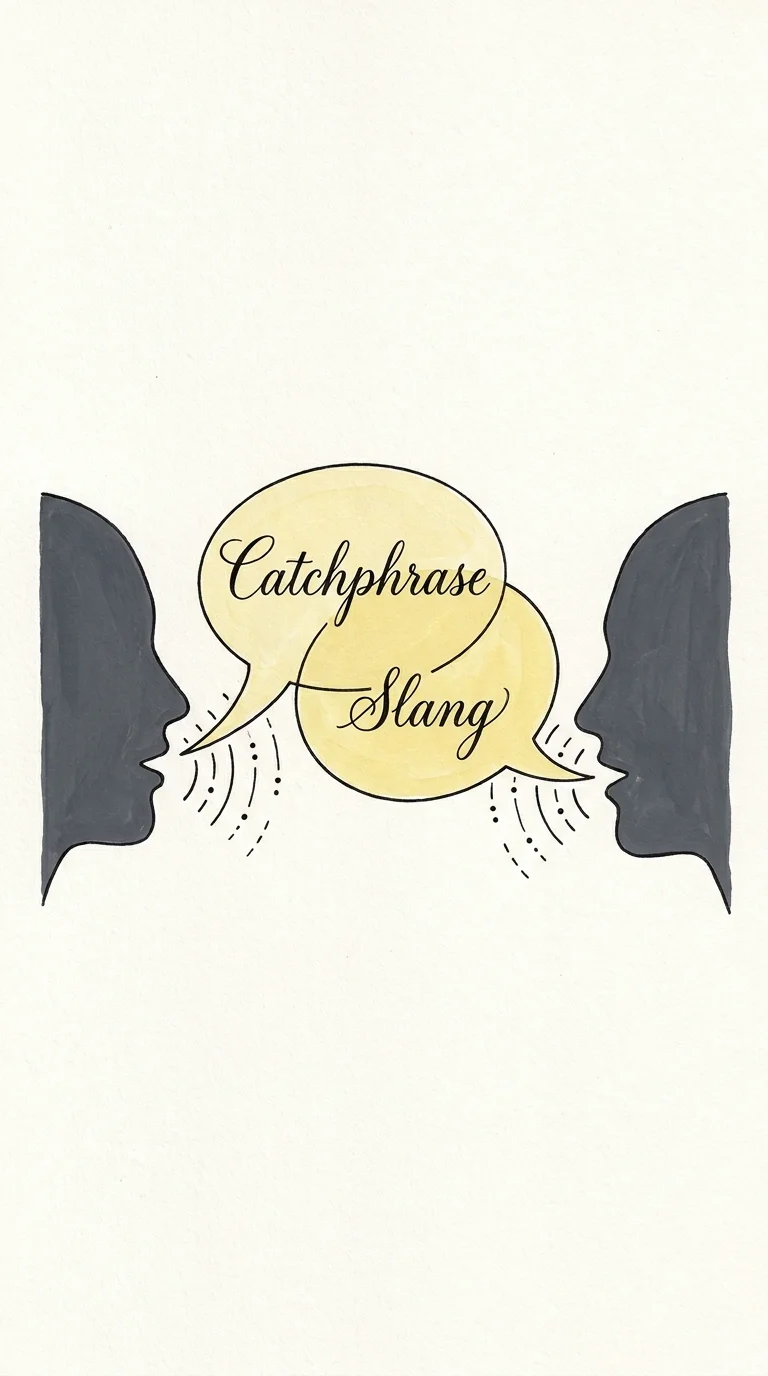 Illustration of two profiles with overlapping speech bubbles containing the words 'Catchphrase' and 'Slang'.