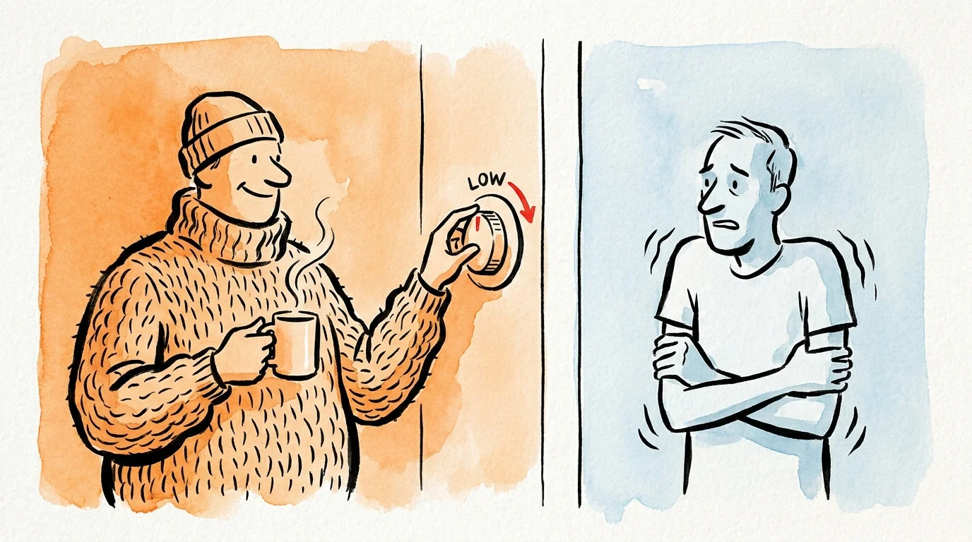 Illustration showing one person warm in a sweater turning down the heat while another person shivers in a t-shirt.
