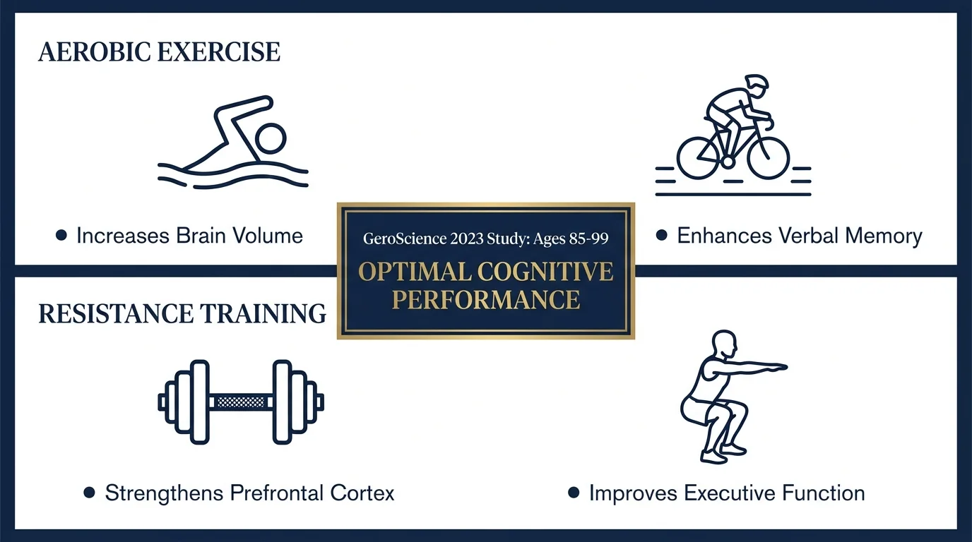 Infographic comparing the benefits of aerobic exercise versus resistance training for cognitive health, citing a 2023 GeroScience study.