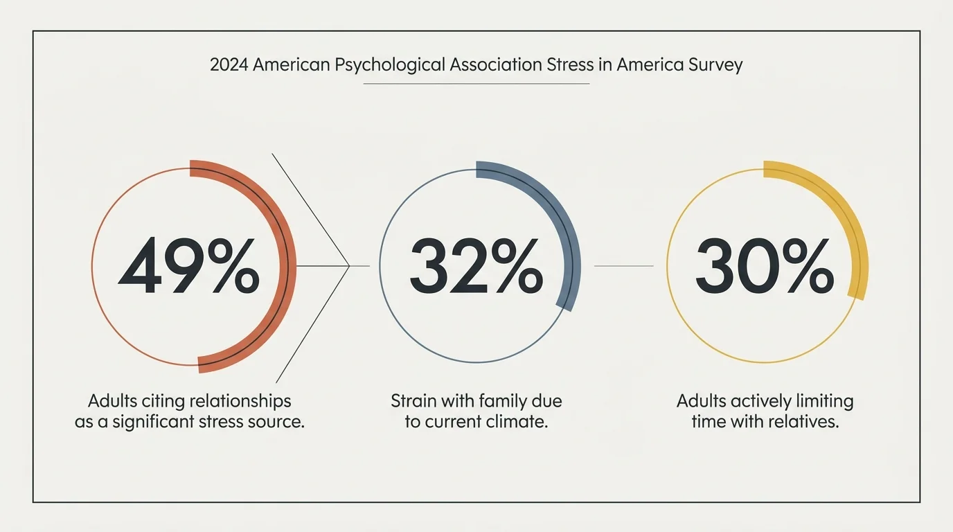 Infographic showing that 49% of adults cite relationships as stress sources and 30% are limiting time with relatives.