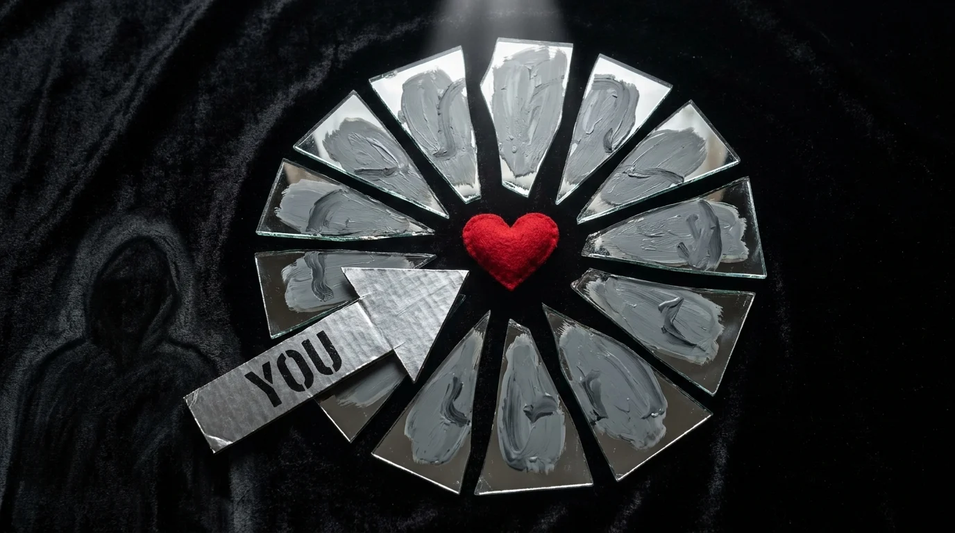 Mirror shards reflecting a red heart but showing grey paint instead, with an arrow labeled 'YOU' pointing at the heart.