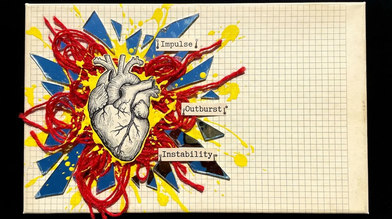 Mixed media art with a central heart surrounded by tangled red yarn and glass shards, representing emotional dysregulation.