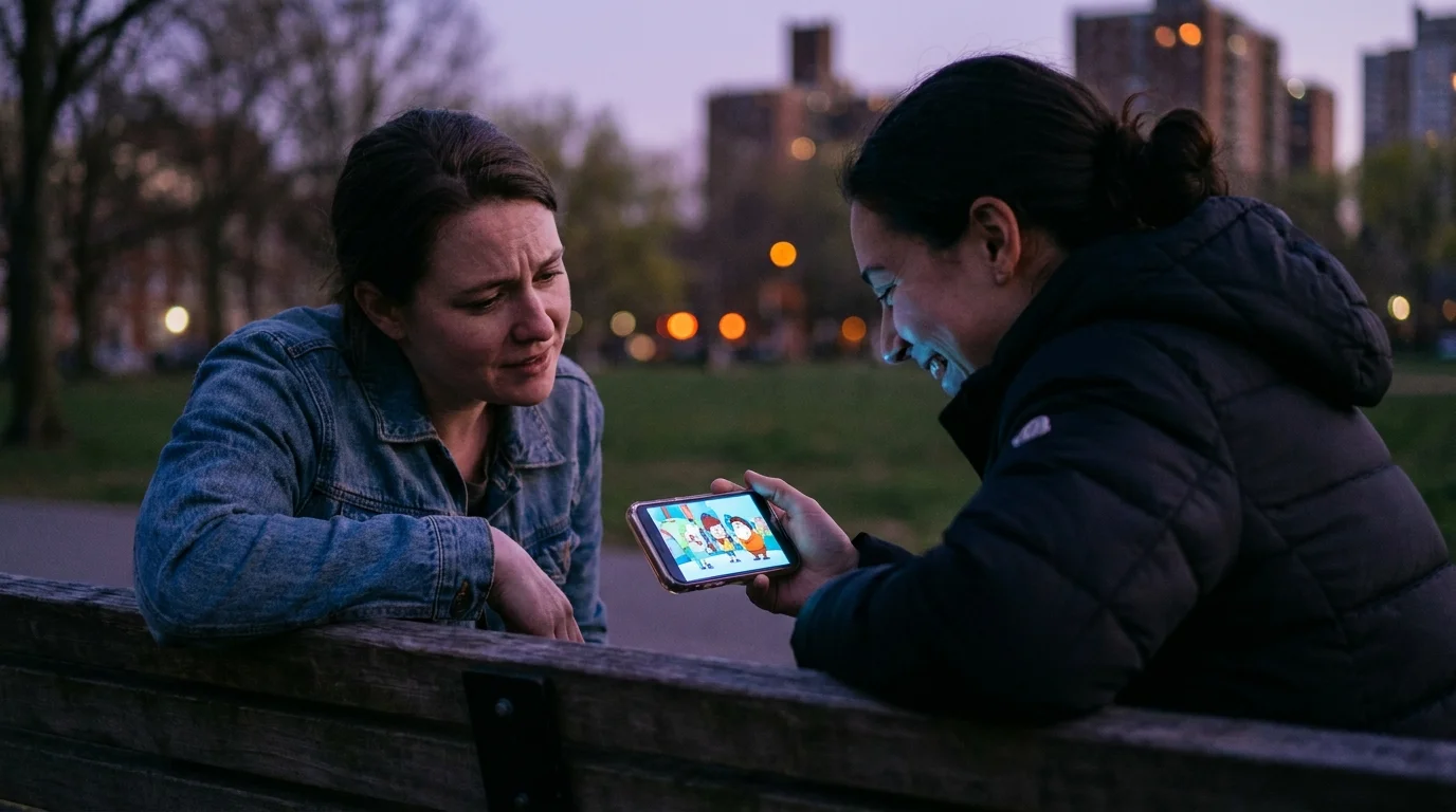 One person talks earnestly while the other person laughs at a smartphone screen, using it as a barrier.