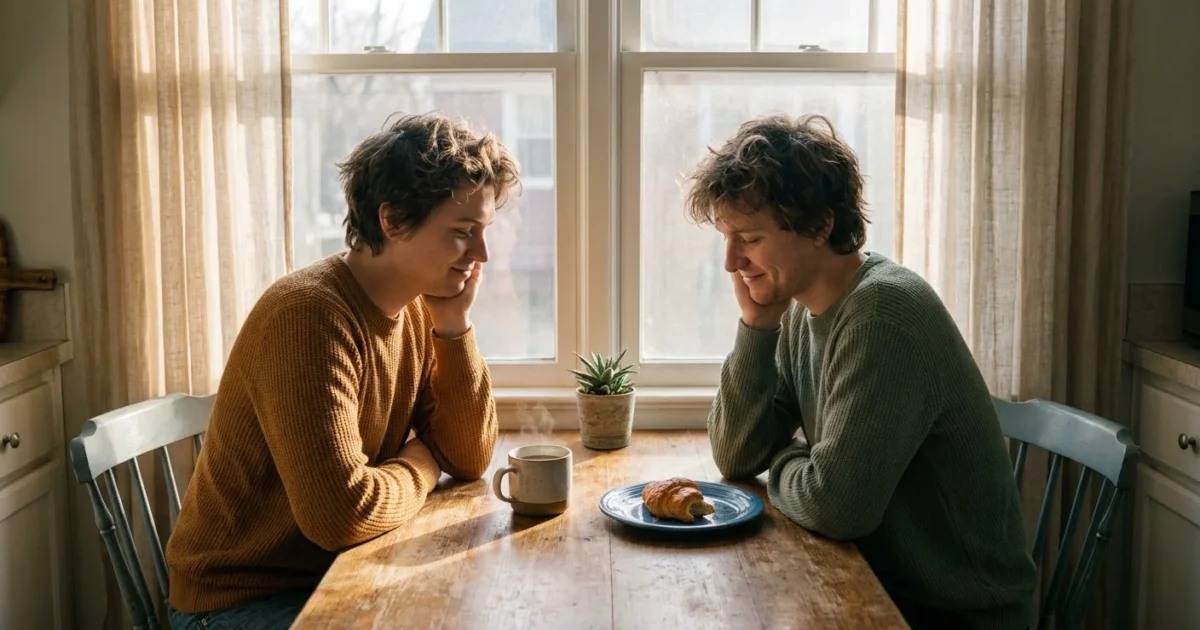 Two friends sitting at a kitchen table, unconsciously mirroring each other's posture by resting their chins on their hands.