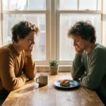 Two friends sitting at a kitchen table, unconsciously mirroring each other's posture by resting their chins on their hands.