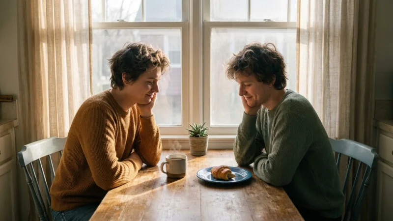 Two friends sitting at a kitchen table, unconsciously mirroring each other's posture by resting their chins on their hands.