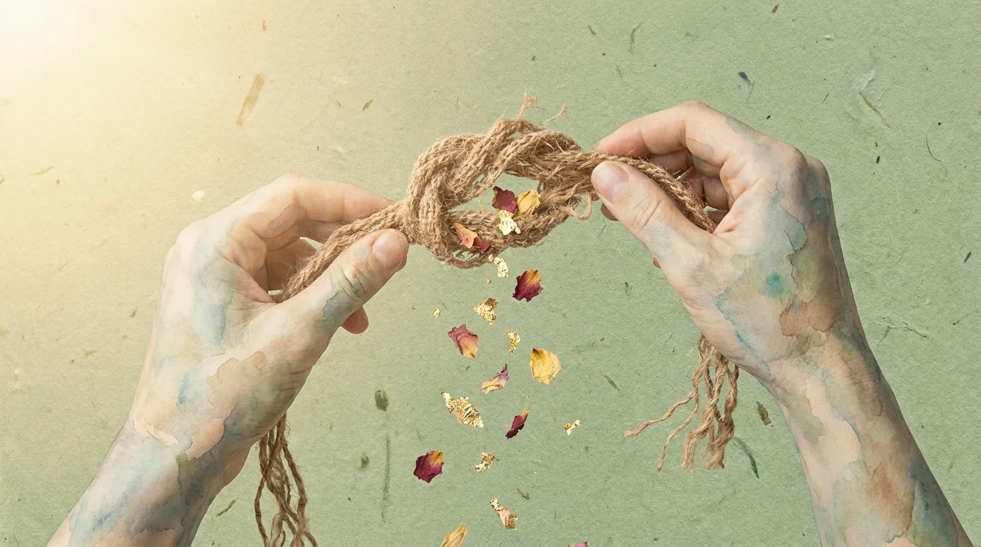 Two hands working together to untie a thick knot, with gold leaf and petals falling out, symbolizing the process of healing resentment.