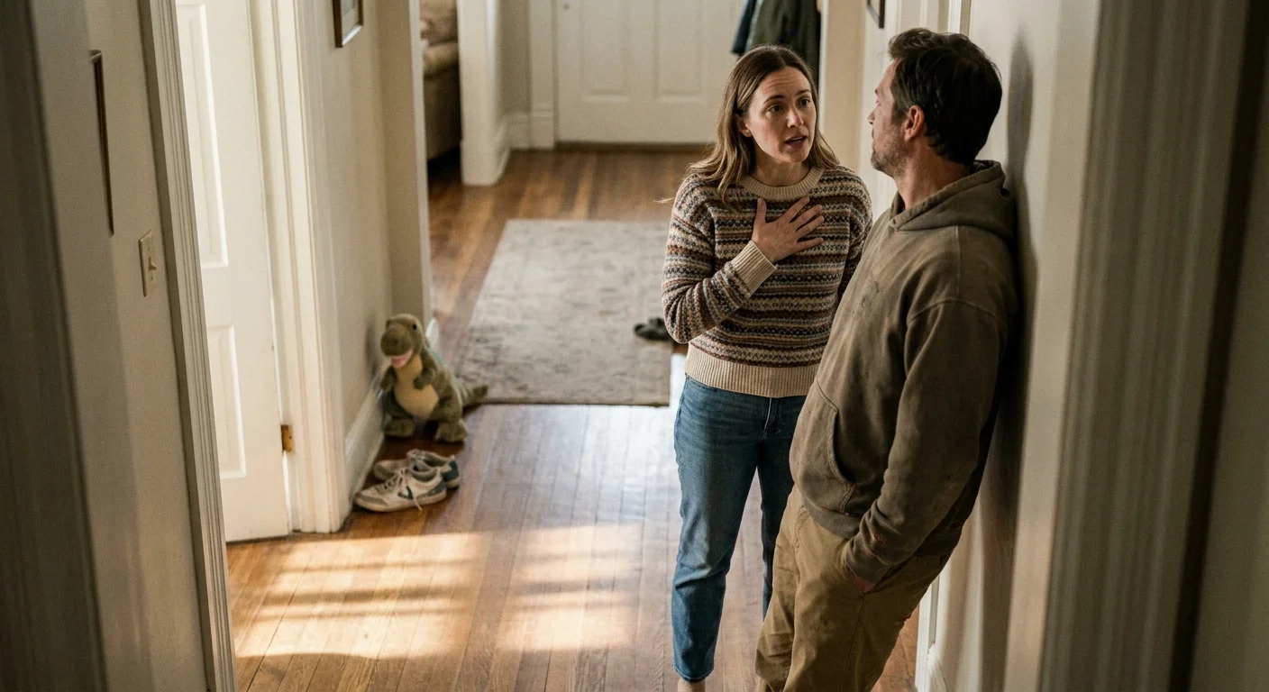 Two people in a hallway having a sincere conversation, with one person placing a hand on their chest in a gesture of accountability.