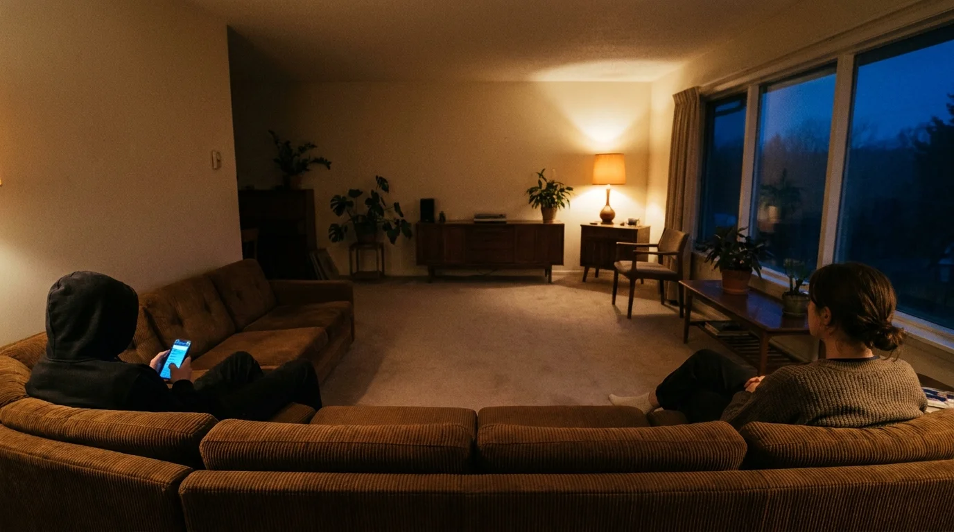 Two people sit on opposite ends of a long couch in a dim room, ignoring each other in total silence.