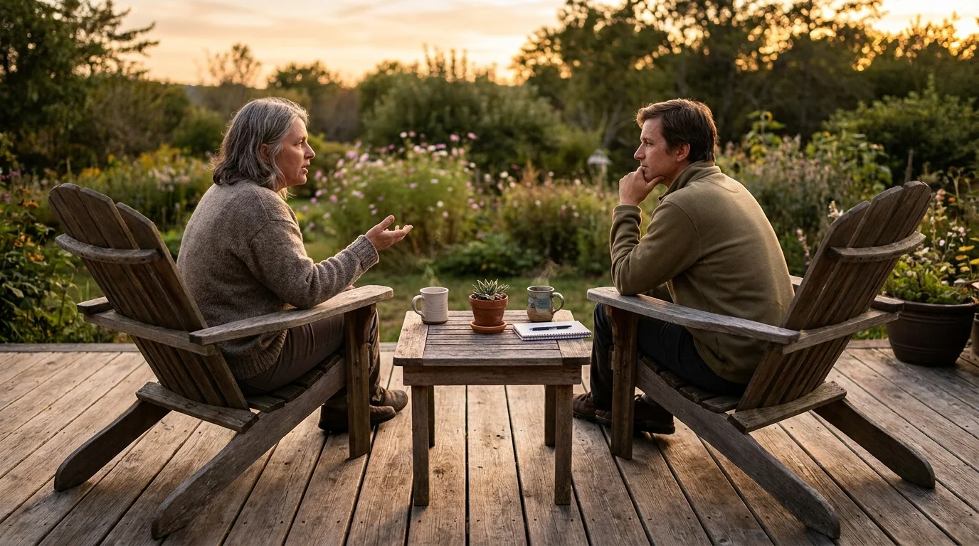 Two people sitting on a deck at sunset, having a serious and focused conversation in a calm, outdoor setting.