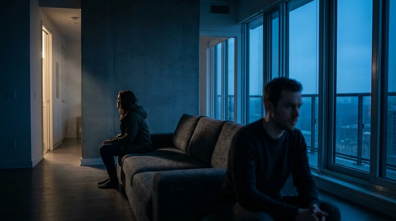 Two people sitting on opposite ends of a sofa in a dimly lit room, facing away from each other in total silence.