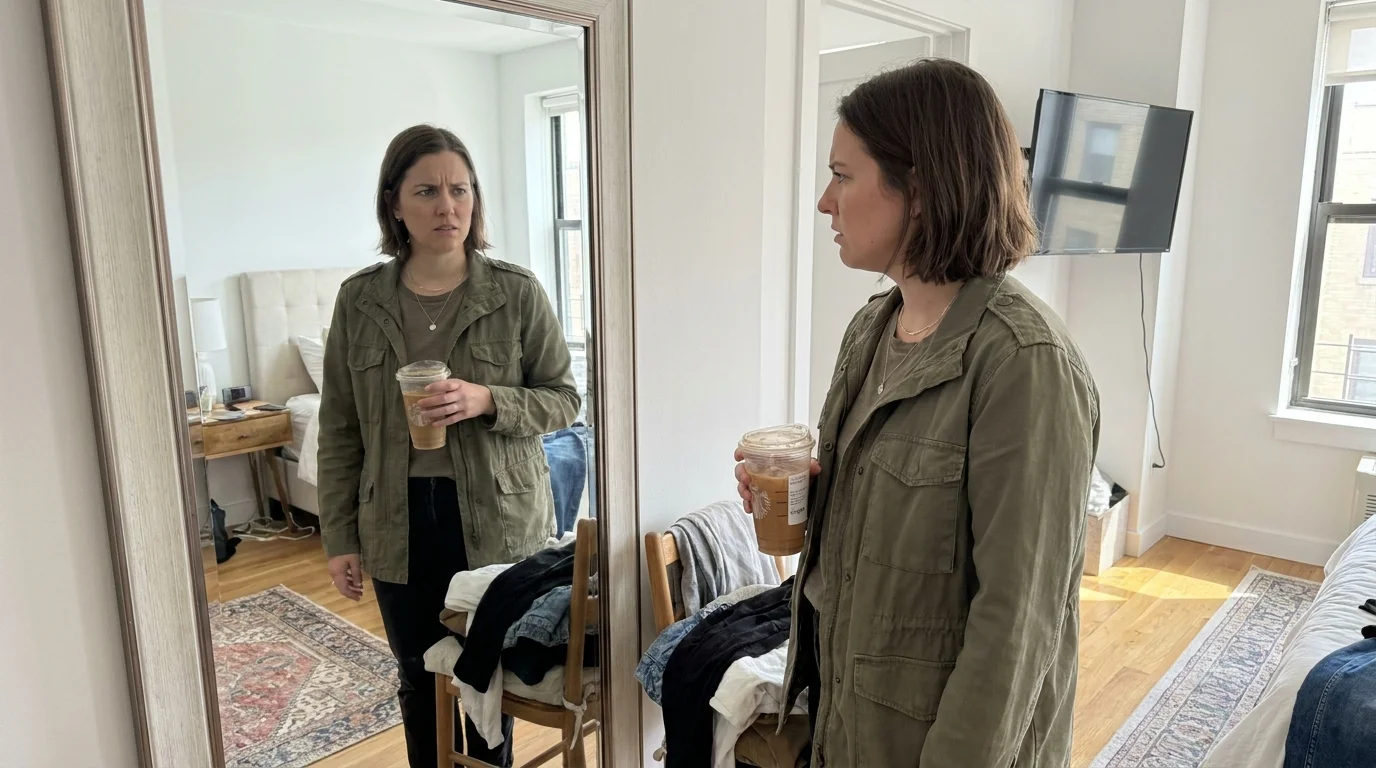 Two women standing in front of a mirror wearing identical outfits and holding identical coffee cups.