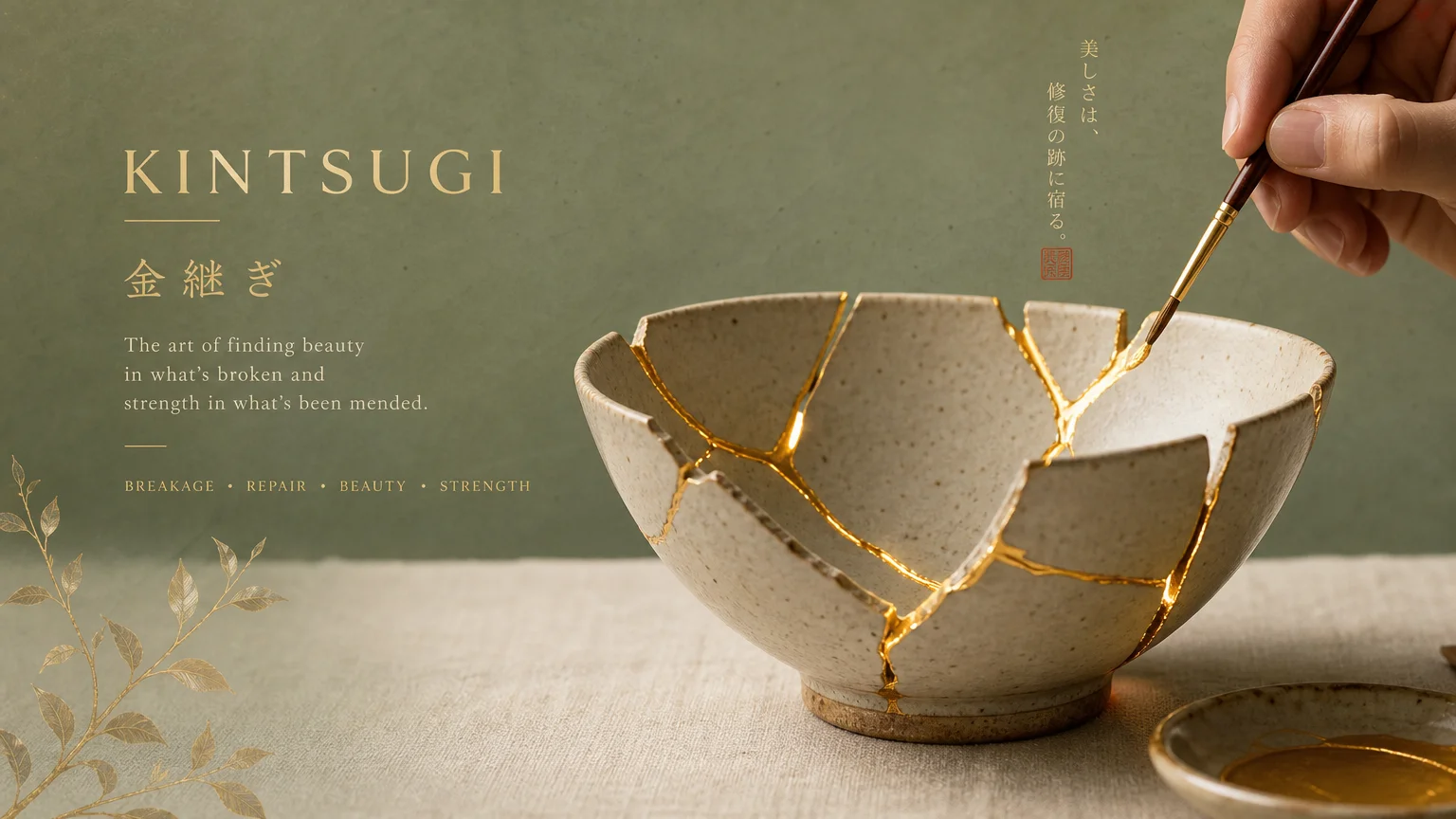 A broken ceramic bowl being repaired with gold ink, symbolizing the healing process of therapy.