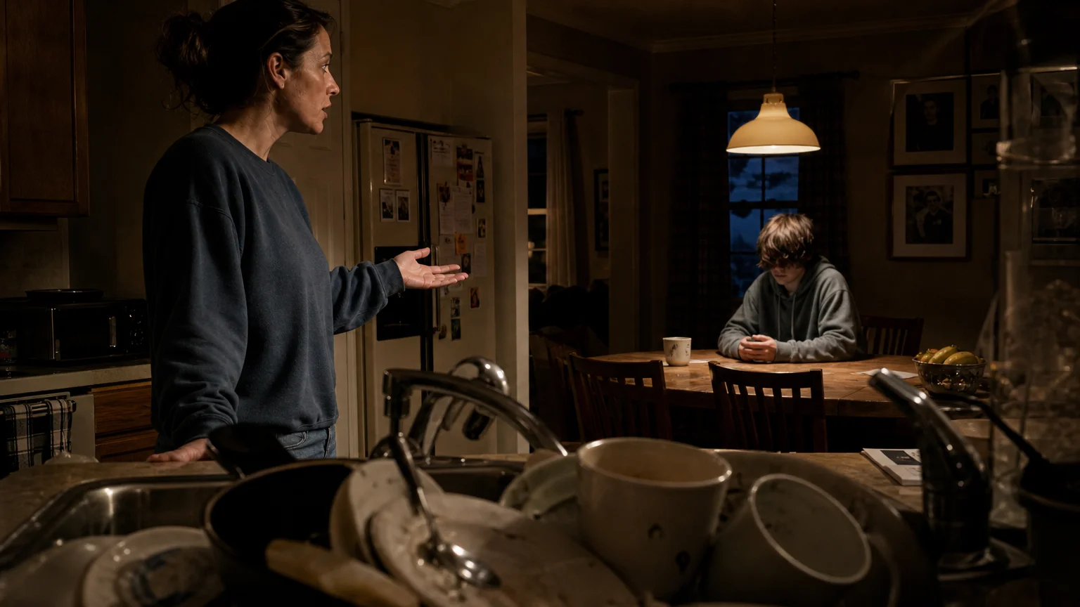 A candid photo of a mother criticizing a teenager in a kitchen, with the teenager looking down and feeling hurt.