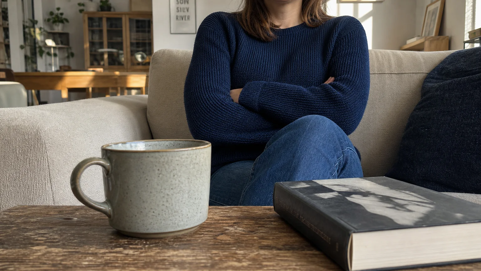 A candid photo of a person sitting with crossed arms behind a coffee mug, creating a physical barrier.